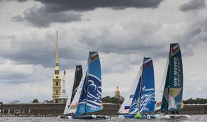  The Extreme Sailing Series 2014. Act4. St Petersburg.Russia.Oman Air skippered Rob Greenhalgh (GBR) with The Wave, Muscat skippered by Leigh McMillan. - Extreme Sailing Series Act 4 2014 photo copyright Lloyd Images taken at  and featuring the  class