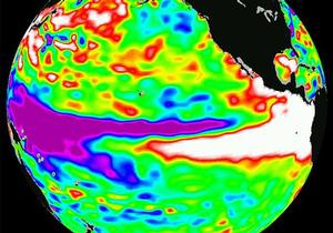 El Nino observed by TOPEX Poseidon. The white areas off the tropical coasts of South and North America indicate the pool of warm water photo copyright  SW taken at  and featuring the  class
