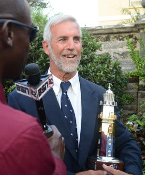 A happy Lighthouse winner.  Rives Potts with his 2nd Lighthouse Trophy, the 3rd for his yacht Carina. photo copyright Talbot Wilson taken at  and featuring the  class