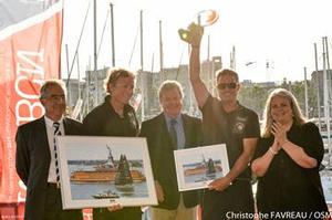 Pepe Ribes y Ryan Breymaier - Team Hugo Boss, Jean Kerhoas, Presidente de L' IMOCA, , Sir Keith Mills y Maite Fandos, teniente de alcalde de Calidad de Vida, Igualdad y Deportes del Ajuntament de Barcelona y presidenta de la Fundació Navegació Oceànica Barcelona (FNOB). - IMOCA Ocean Masters New York to Barcelona 2014 photo copyright Open Sports Management taken at  and featuring the  class