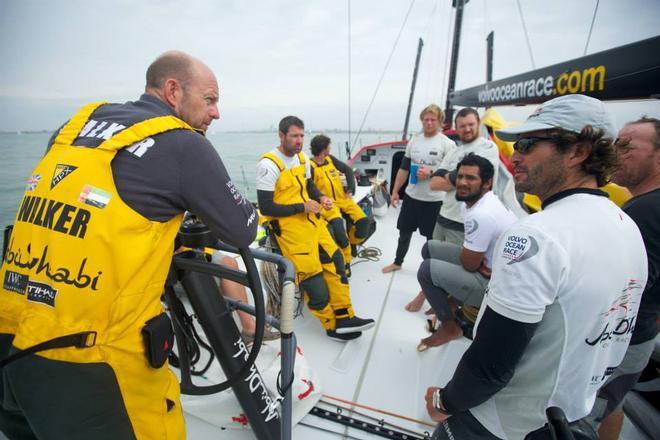 Ian Walker leads a final crew debrief before Azzam arrives in the United Kingdom - Abu Dhabi Ocean Racing - Trans Atlantic Return crossing July 2014 © Abu Dhabi Ocean Racing (ADOR) 