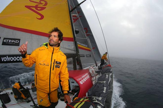 Chuny Bermudez gives a weary thumbs to confirm the latest sail change is complete - Abu Dhabi Ocean Racing - Trans Atlantic Return crossing July 2014 © Abu Dhabi Ocean Racing (ADOR) 