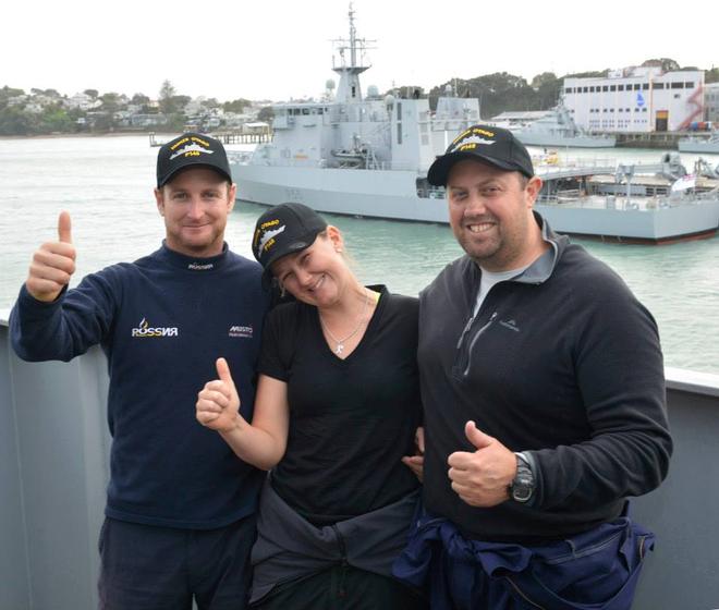 A very happy Django skipper Ben Costello with crewmates Bex Heikema and Andrew Cooke- Django crew arrive ashore at Devonport Naval Base July 9, 2014 © New Zealand Defence Force