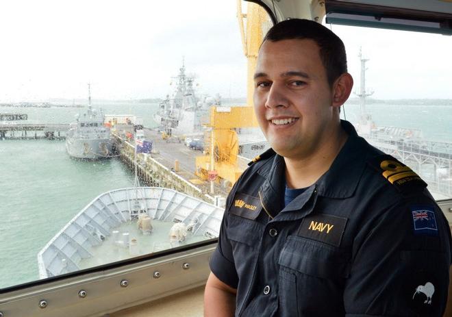 Ship’s Diver. Lt Simon Wasley, on Otago’s bridge after the ship’s return - Django crew arrive ashore at Devonport Naval Base July 9, 2014 © New Zealand Defence Force