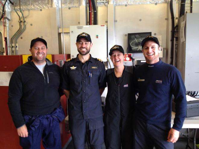 CO HMNZS Otago Lt Cdr Tim Garvan (second from left) with rescued yachties Andrew Cooke, Bex Heikena and skipper Ben Costello - Django crew arrive ashore at Devonport Naval Base July 9, 2014 © New Zealand Defence Force