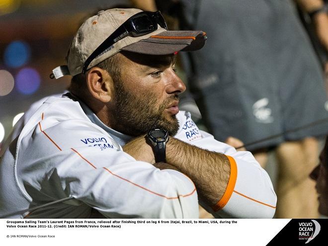 Groupama Sailing Team's Laurent Pages from France, relieved after finishing third on leg six from Itajai, Brazil, to Miami, USA, during the Volvo Ocean Race 2011-12.  © Ian Roman/Volvo Ocean Race http://www.volvooceanrace.com