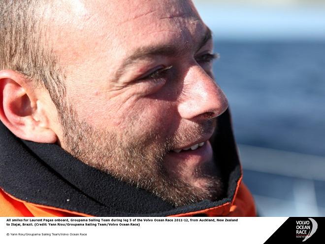 All smiles for Laurent Pages onboard, Groupama Sailing Team during leg five of the Volvo Ocean Race 2011-12, from Auckland, New Zealand to Itajai, Brazil. Experienced French sailor Laurent Pagès has been chosen by Team Brunel skipper. © Yann Riou/Groupama Sailing Team /Volvo Ocean Race http://www.cammas-groupama.com/