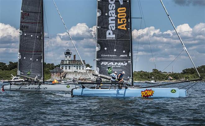 Marstrom 32 Class leader Michael Dominguez’s Bronco races against Newport local Ken Read’s Pow! with Rose Island Light in the background ©  Rolex/Daniel Forster http://www.regattanews.com