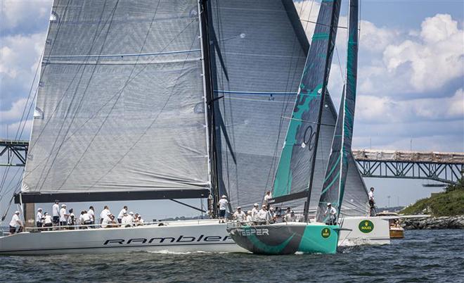 IRC 1 Class Leader Jim Swartz’s IRC 52 Vesper and fellow competitor George David’s Reichel Pugh 90 Rambler racing south of Newport’s Pell Bridge ©  Rolex/Daniel Forster http://www.regattanews.com