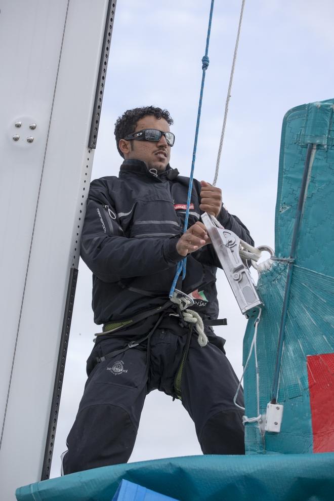 Yassir Al Rahbi (OMA) prepares the main. Oman Sail's MOD70 Musandam races in the Eckernförde race at Kiel week 2014, 21-06-2014, Kiel - Germany. © Sander van der Borch - SubZero Images http://www.subzeroimages.com