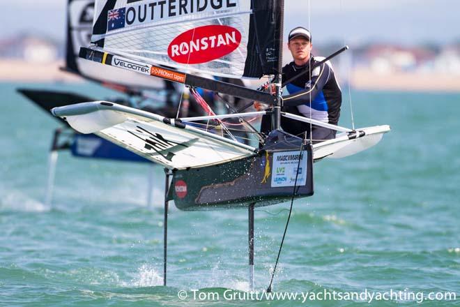 Nathan Outteridge charged into the lead on day six of the 2014 International Moth World Championship © Tom Gruitt / yachtsandyachting.com