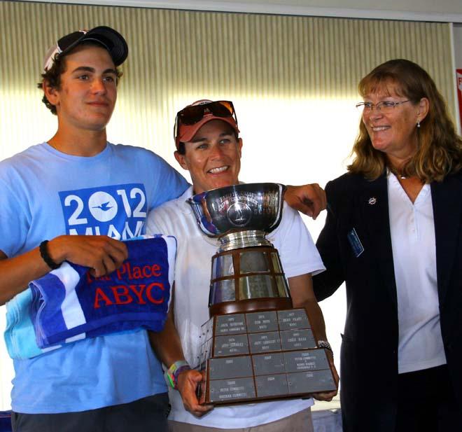 Snipe PCC champion skipper Aine Fretwell (c.) with crew Matt Cappetta and ABYC commodore Jennifer Kuritz. © Rich Roberts http://www.UnderTheSunPhotos.com