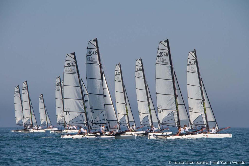 SL16 fleet at the 2014 ISAF Youth Sailing World Championship photo copyright  Neuza Aires Pereira | ISAF Youth Worlds taken at  and featuring the  class