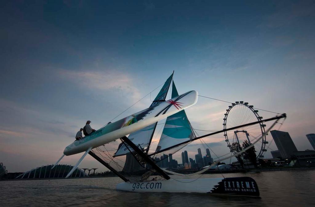Team GAC Pindar infront of the impressive Singapore Flyer and skyline © Lloyd Images/Extreme Sailing Series