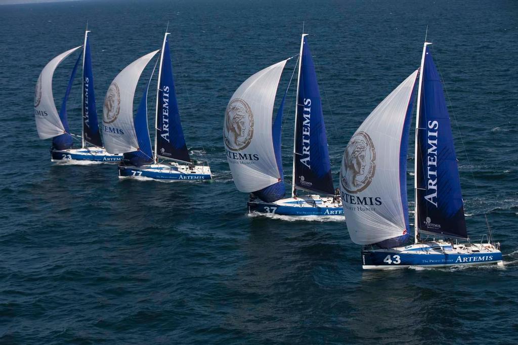 Four of the Artemis Offshore Academy Figaros sailing downwind with their spinnakers up off Lorient, France. © Lloyd Images