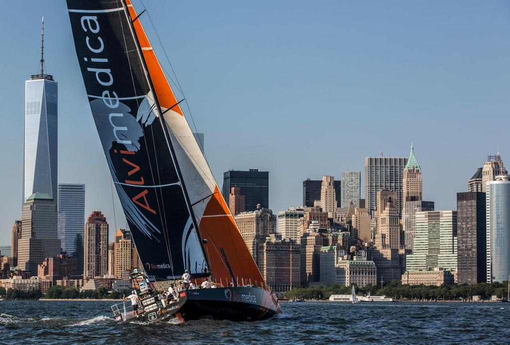 Team Alvimedica with American skipper Charlie Enright of Bristol, RI, arrive from Newport in New York, sailing by the Manhattan skyline.  © Volvo Ocean Race http://www.volvooceanrace.com