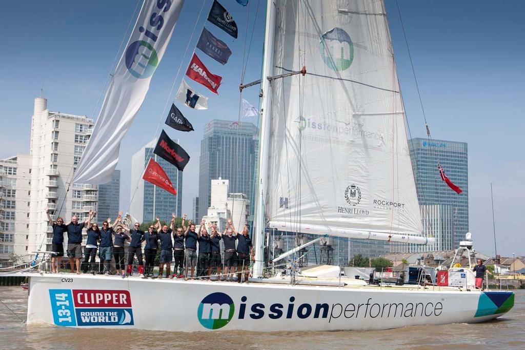 2013-14 Clipper Round the World Yacht Race - Team Mission Performance heading down the Thames. ©  Matt Dickens, onEdition http://www.onedition.com/