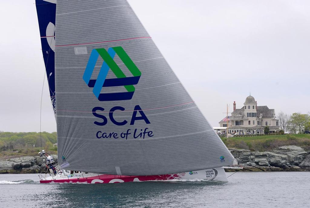 Team SCA depart Newport RI USA for Lisbon Portugal as part of their training for the Volvo Ocean Race 2014 - 2015. By Castle Hill at the entrance to Newport Harbour © Volvo Ocean Race http://www.volvooceanrace.com