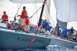 Flash Gordon, owned by Helmut Jahn, finishes just ahead of Enfant Terrible in Race 11.  - Farr 40 West Coast Championship photo copyright Sara Proctor http://www.sailfastphotography.com taken at  and featuring the  class