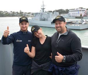 A very happy Django skipper Ben Costello with crewmates Bex Heikema and Andrew Cooke- Django crew arrive ashore at Devonport Naval Base July 9, 2014 photo copyright New Zealand Defence Force taken at  and featuring the  class