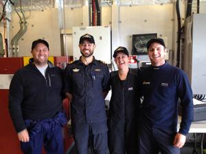 CO HMNZS Otago Lt Cdr Tim Garvan (second from left) with rescued yachties Andrew Cooke, Bex Heikena and skipper Ben Costello - Django crew arrive ashore at Devonport Naval Base July 9, 2014 photo copyright New Zealand Defence Force taken at  and featuring the  class