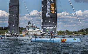 Marstrom 32 Class leader Michael Dominguez’s Bronco races against Newport local Ken Read’s Pow! with Rose Island Light in the background photo copyright  Rolex/Daniel Forster http://www.regattanews.com taken at  and featuring the  class