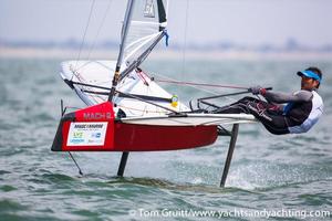 Hiroki Goto on the first day of the International Moth World Championships.  - International Moth World Championships 2014 photo copyright Tom Gruitt / yachtsandyachting.com taken at  and featuring the  class