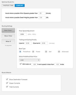 2. Advanced-settings - Set other preferences for your boat - chose the boat polar from the drop-down list or select one that is close and then adjust using the Polar Speed adjustment. Select at the top whether you want a performance or cruising course option. If selecting the latter you can key in wind and wave parameters to give a comfortable ride. If Performance routing is used Predictwind will chose the course which will get your boat to its destination in the fastest possible time, sailing at the fastest wind angles - PredictWind Routing module photo copyright PredictWind http://www.predictwind.com taken at  and featuring the  class