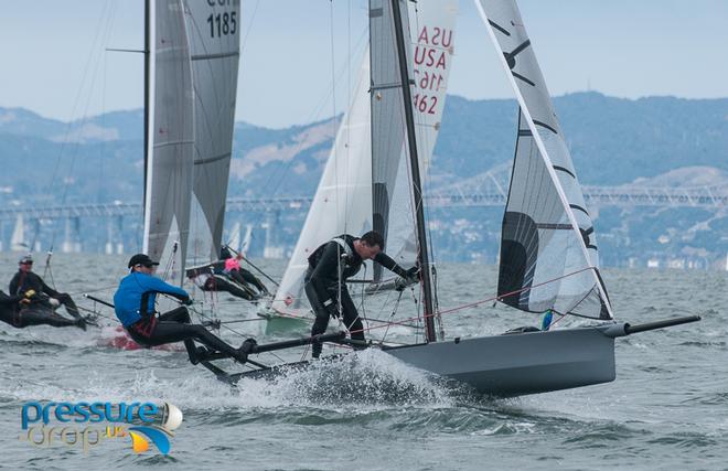 Dalton Bergan and Fritz Lanzinger above and below - Richmond Yacht Club's Totally Dinghy and International 14 Nationals 2014 © Erik Simonson/ pressure-drop.us http://www.pressure-drop.us