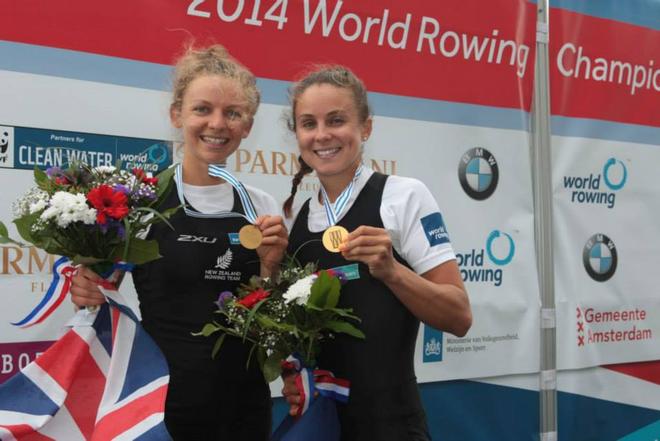 With Gold medals around their necks after a short build up in the women’s double scull. Gold and World Best Time for Sophie Mackenzie and Julia Edward. - 2014 World Rowing Championships, Amsterdam, The Netherlands © Igor Meijer/FISA http://www.fisa.org