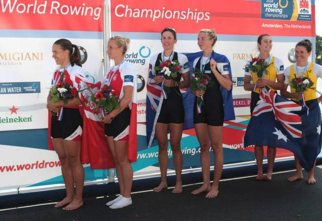 Women's Double Scull medal winners. - 2014 World Rowing Championships, Amsterdam, The Netherlands &copy; Igor Meijer/FISA http://www.fisa.org