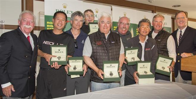 From left: St. Francis Yacht Club Commodore George Dort; Rob Theis, Aeolus J/111; Bruce Stone, Arbitrage J/105; David Halliwill, Peregrine J/120; Donald Payan, Whiplash HPR; Kame Richards, Golden Moon Express 37; Wayne Koide, Encore Express 37; Alex Roepers, Plenty Farr 40; Rolex Watch U.S.A.'s Peter Nicholson  - Rolex Big Boat Series 2014 ©  Rolex/Daniel Forster http://www.regattanews.com