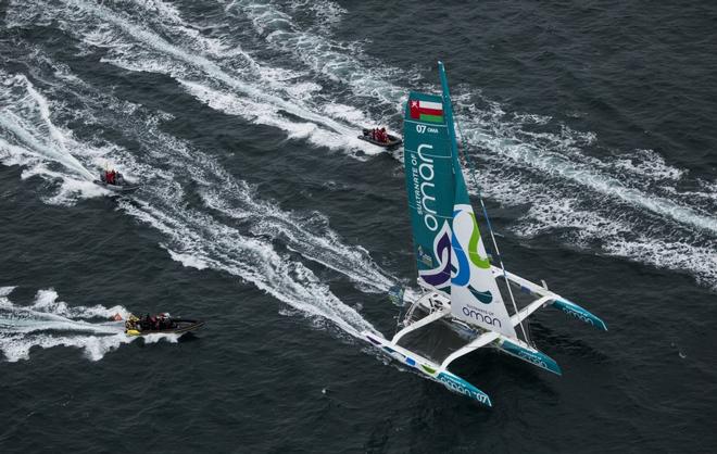 Start of the 2014 Route Du Rhum. Oman Musandam MOD70 skippered by Sidney Gavignet (FRA). © Lloyd Images