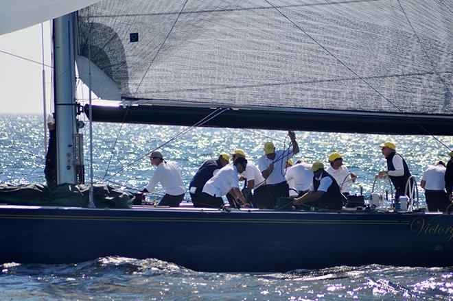 Dennis Williams at the helm of Victory ’83, winner of Modern Division at the 2014 12 Metre North Americans.  © SallyAnne Santos