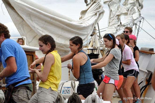 Students with Grab the Torch Leadership Initiative Programs set the sails on Mystic and conquer their fears going aloft. SSV Oliver Hazard Perry will engage a full spectrum of age groups. © Carol Hill http://www.ohpri.org/