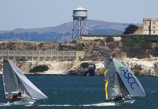 Brett Van Munster' ASCC leads past Alcatraz  - 2014 18' Skiff International Regatta © Rich Roberts