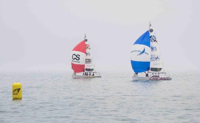 Team Red Dot in action in yesterday's light air - Chicago Match Race Center's Summer Invitational doubleheader 2014 © Hamish Hardy