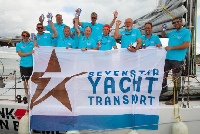 Happy crew on Bank von Bremen after the finish of the Sevenstar Round Britain and Ireland Race  - Sevenstar Round Britain and Ireland Race 2014 © Patrick Eden/RORC