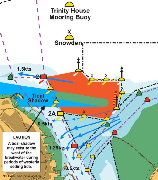Typical peak cross current south of the breakwater HW -2hrs - Cowes Breakwater causes new tidal flow  © Cowes Harbour Commission http://www.cowesharbourcommission.co.uk