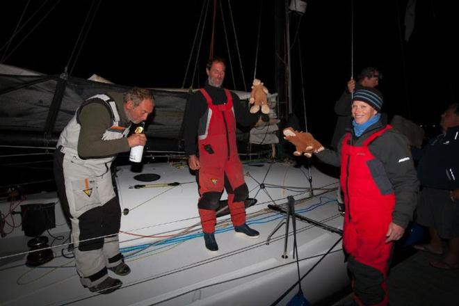 Welcoming Swish: Pippa, Monkey and Pippapotamus (L to R):Paul Pegg, Nick Legatt, Pippa Hutton Squire - Sevenstar Round Britain and Ireland Race 2014 © Patrick Eden/RORC