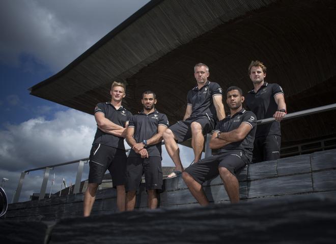 The Extreme Sailing Series 2014 Act 5, Cardiff. Oman Air skippered Rob Greenhalgh (GBR) with Headsail Trimmer Kyle Langford (AUS), Trimmer Tom Johnson (AUS), Bowman Hashim Al Rashdi (OMA) and Bowman Musab Al Hadi (OMA) © Mark Lloyd http://www.lloyd-images.com