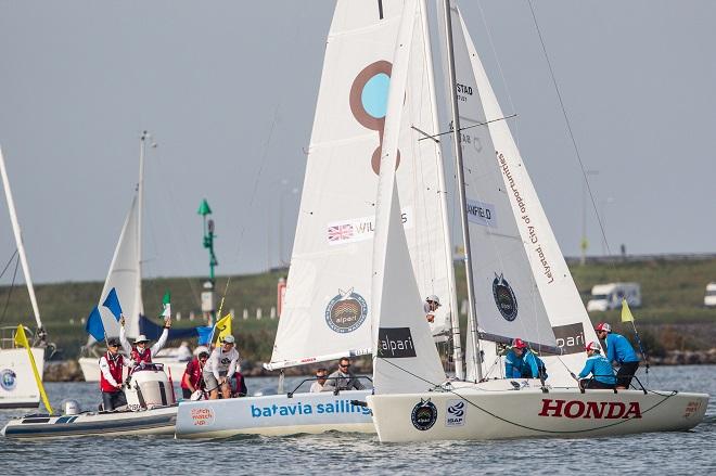 Pre Start action between Ian Williams and Taylor Canfield in the Finals of Dutch Match Cup. - Alpari World Match Racing Tour 2014 - Dutch Match Cup ©  Robert Hajduk / WMRT