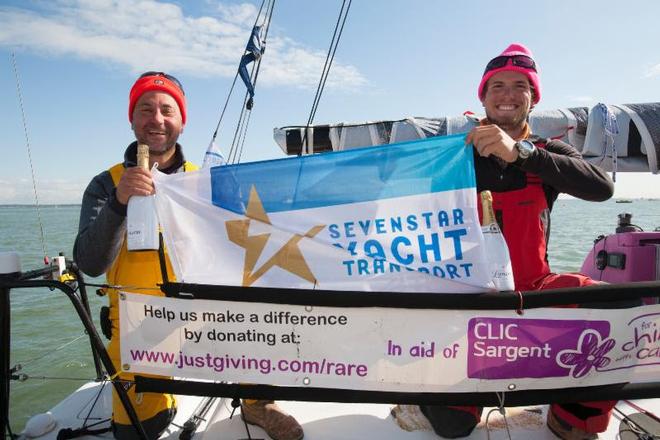 (L-R:) All for a good cause: Ian Hoddle and Conrad Manning after finishing the Sevenstar Round Britain and Ireland Race on Figaro II, Rare - Sevenstar Round Britain and Ireland Race 2014 © Patrick Eden/RORC