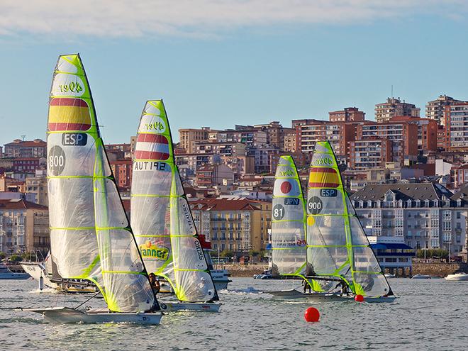 49ers test out the Medal Race Course - Ciudad de Santander Trophy - 2014 ISAF Worlds Test Event Midway Stage ©  Jesus Renedo http://www.sailingstock.com