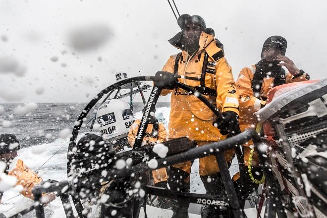 November 3, 2014. Leg one onboard Abu Dhabi Ocean Racing. Adil Khalid on helm, the team trying to keep ADOR ahead of the rest of the fleet - Volvo Ocean Race 2014-15 © Matt Knighton/Abu Dhabi Ocean Racing