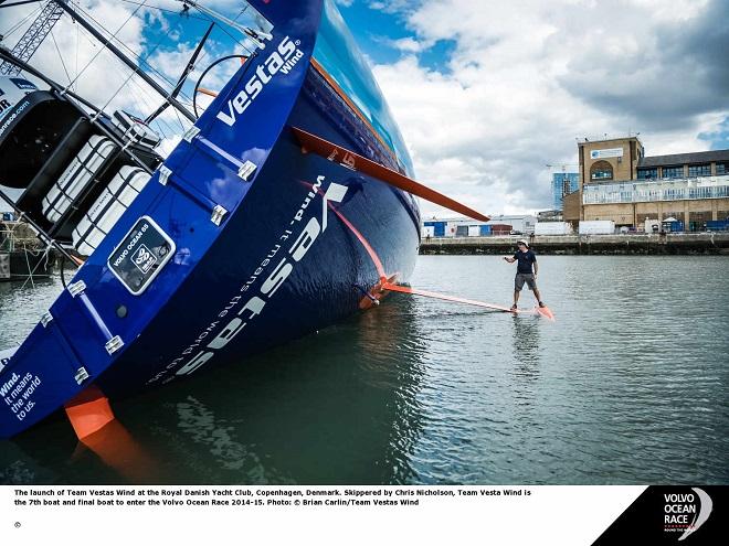 Team Vestas Wind in a pull-over test soon after her launch. © Brian Carlin - Team Vestas Wind