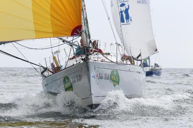 Liam Coyne and Brian Flahive on Lula Belle at the start of the 2014 Sevenstar Round Britain and Ireland Race. ©  Paul Wyeth / RORC