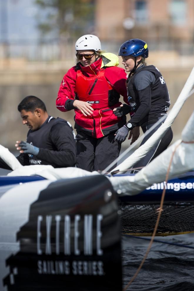 The Extreme Sailing Series 2014 Act 5, Cardiff. Sarah Ayton and VIP Guest  © Mark Lloyd http://www.lloyd-images.com