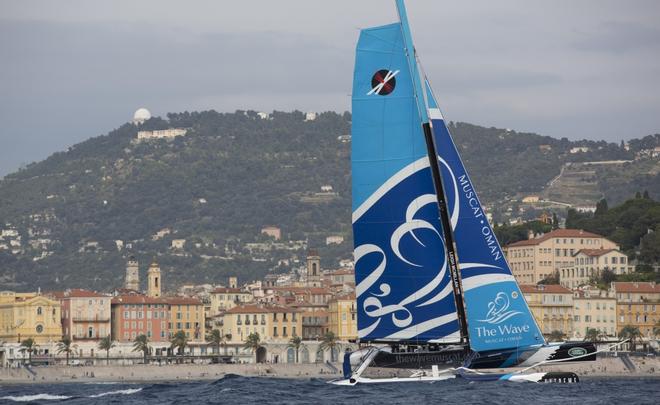 The Extreme Sailing Series 2013. Act7. Nice. France. The Wave Muscat skippered by Leigh McMillan (GBR), mainsail trimmer Pete Greenhalgh (GBR), headsail trimmer Musab Al Hadi (OMA), tactician Ed Smyth (NZL) and bowman Hashim Al Rashdi (OMA). © Lloyd Images