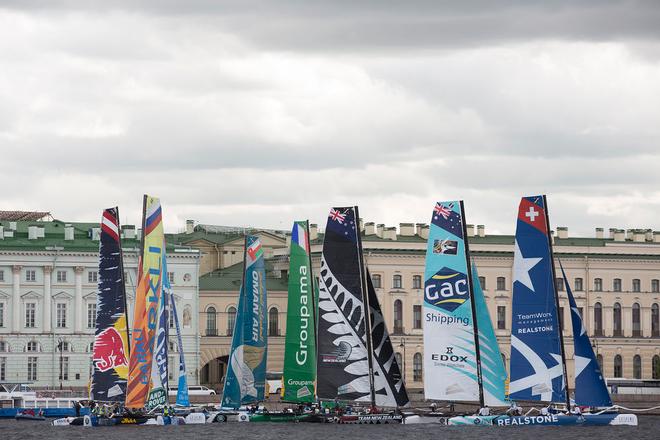 Act 4, Saint Petersburg 2014 - Day one - Fleet. As Logistics Partner, GAC Pindar will manage the complex worldwide shipping of the Series’ Extreme 40 boats, equipment and support materials - Extreme Sailing Series &copy; Lloyd Images